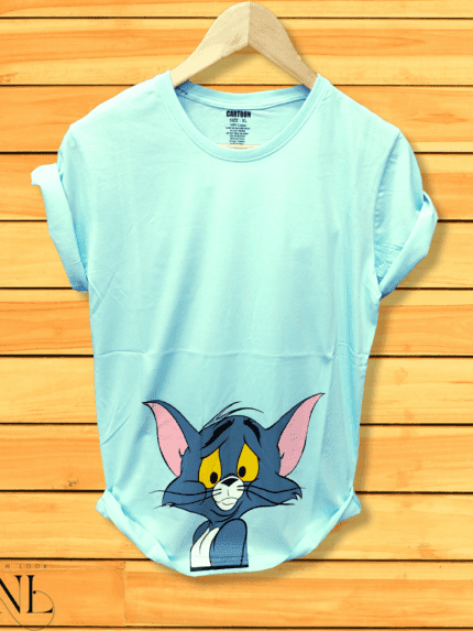 Sky Blue Half Sleeve Cartoon Printed T-Shirt Fun Casual Wear