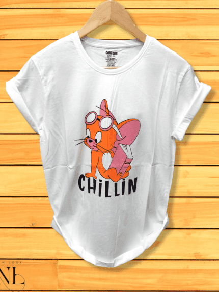 Classic White Half Cartoon Print T-Shirt Playful Casual Wear
