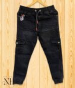 Slim Fit Men's Black Denim Cargo Pants Trendy Stretch Fabric