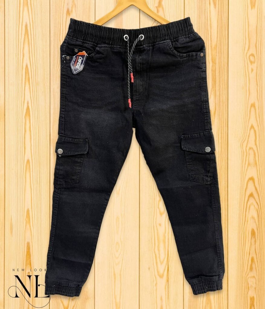 Slim Fit Men's Black Denim Cargo Pants Trendy Stretch Fabric