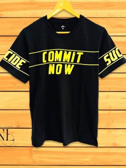 Matte Black Printed Half T-Shirt for Men Trendy Slim Fit