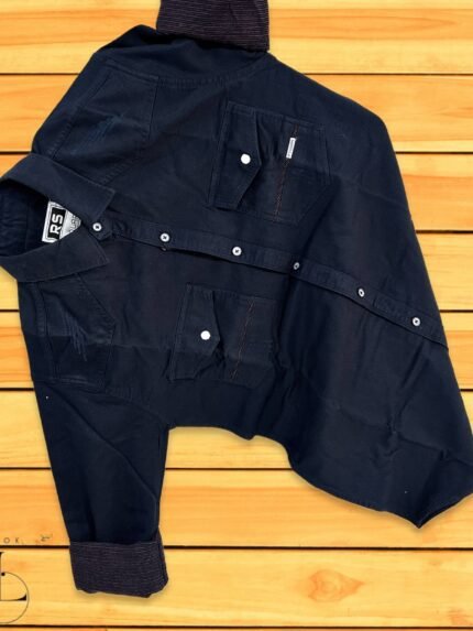 Denim Solid Navy Blue Plain Double Pocket Shirt For Men