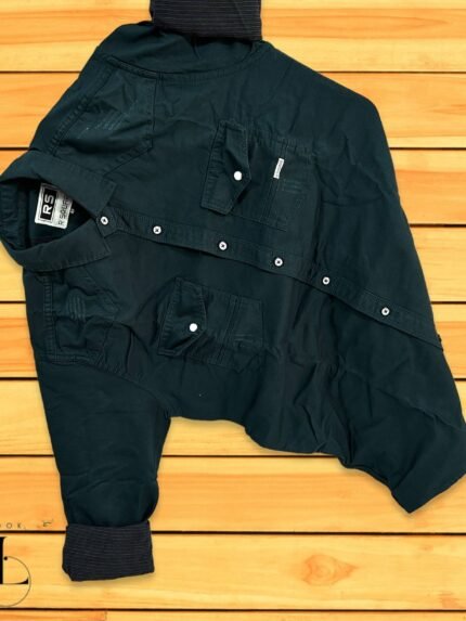 Denim Deep Green Plain Double Pocket Full Shirt For Men