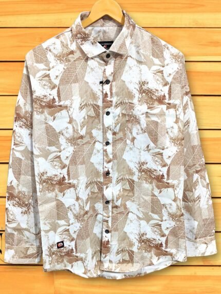 Classic Cream Printed Full Shirt For Men Slim Fit