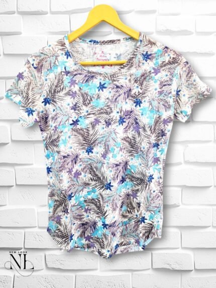 Grey Floral Print Girls Cotton T-Shirt for Summer
