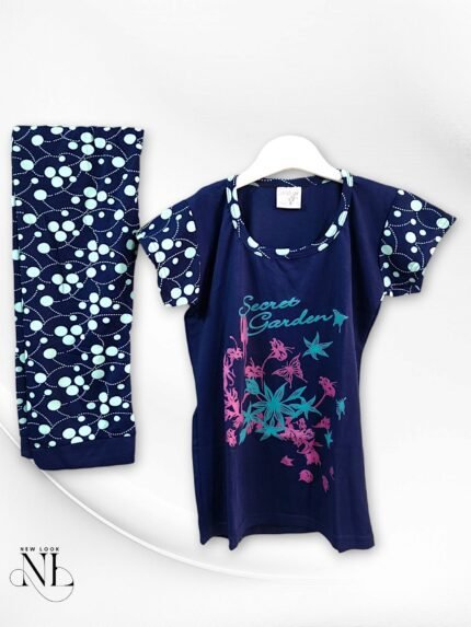 Blue Printed Lycra Night Suit