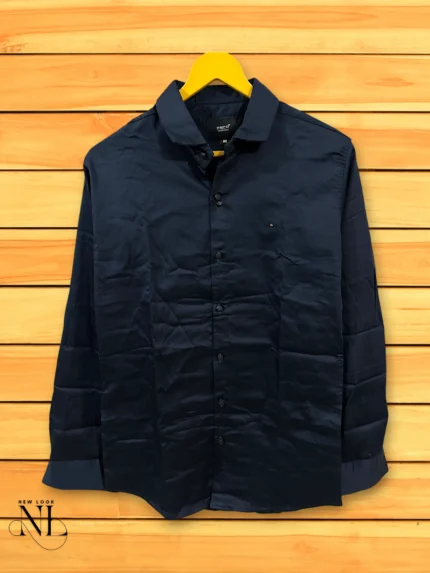 Navy Blue Plain Satin Shirt for Men | Versatile Elegance