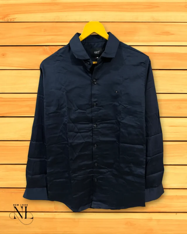 Navy Blue Plain Satin Shirt for Men | Versatile Elegance