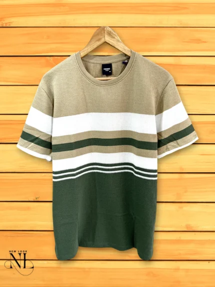 Dark Green Striped Half-Sleeve T-Shirt