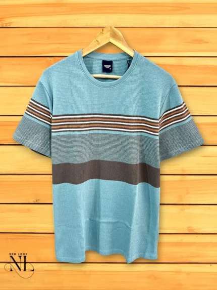 Sky Blue Striped Half-Sleeve T-Shirt