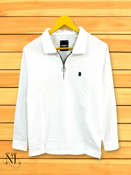 White Zip Polo Full T-Shirt | Premium Cotton Blend