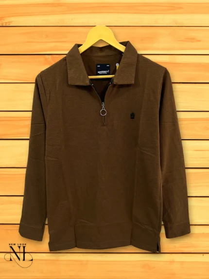 Dark Brown Zip Polo Full T-Shirt