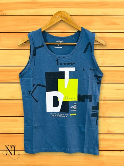 Printed Royal Blue Cotton Vest for Men | Gym Wear