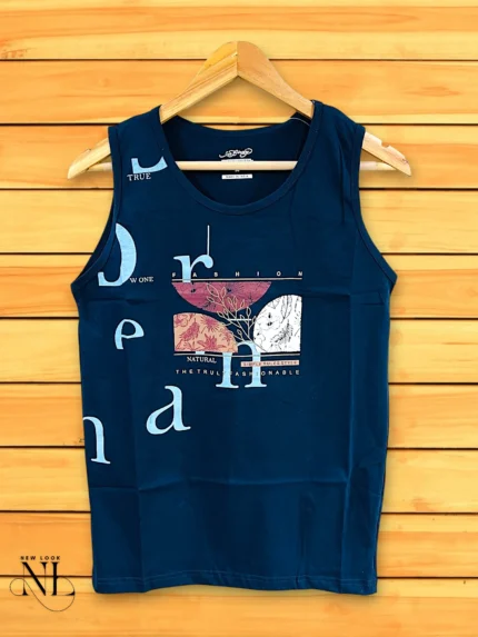Navy Blue Printed Cotton Vest Gym & Casual Wear