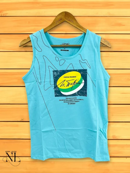 Sky Blue Printed Cotton Vest for Men | Stylish Gym