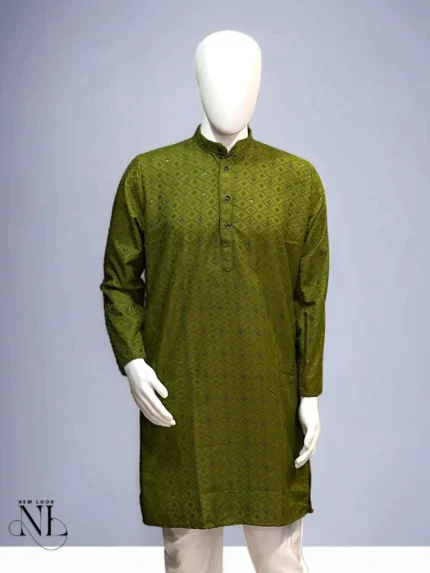 Olive Green Plain Chikankari Kurta for Men Lucknowi