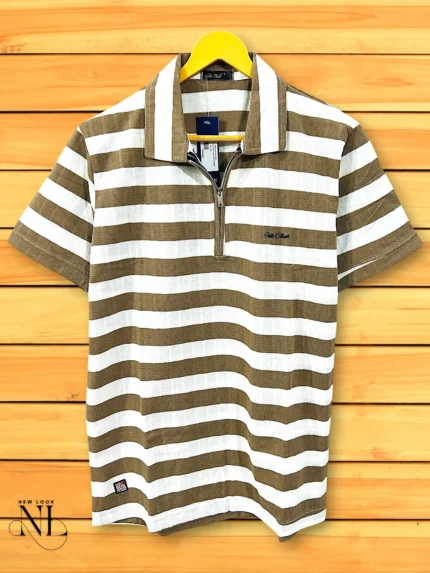 Cream Stripe Half Polo T-Shirt for Men Premium Imported