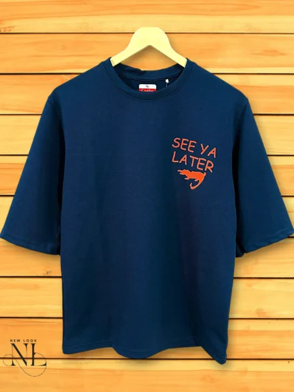 Trendy Navy Blue Oversize Printed T-Shirt Streetwear Style