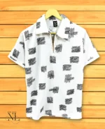 Printed White Zip Polo Half T-Shirt Trendy Street Style