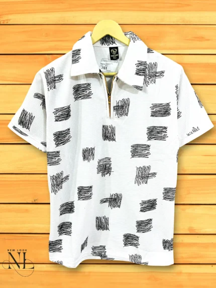 Printed White Zip Polo Half T-Shirt Trendy Street Style