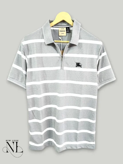 Trendy Lite Grey Stripe Polo Half T-Shirt for Men Minimalist