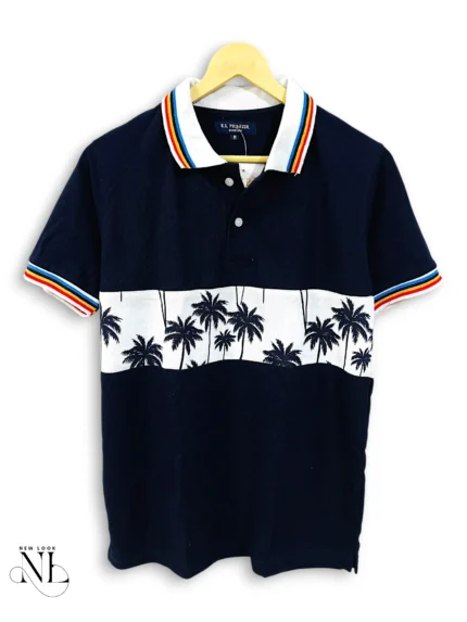 Navy Blue Printed Polo Half Sleeve T-Shirt for Men