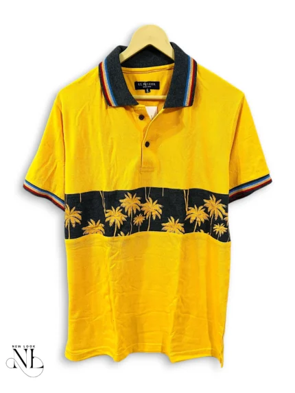 Yellow Printed Polo Half Sleeve T-Shirt for Men
