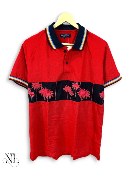 Red Printed Polo Half Sleeve T-Shirt for Men