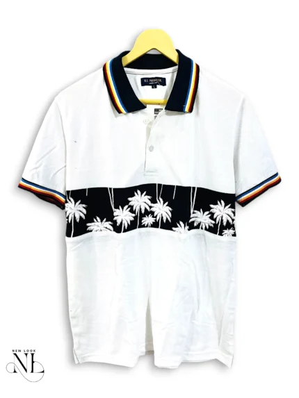 White Printed Polo Half Sleeve T-Shirt for Men