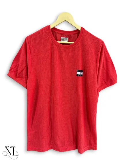 Red Plain Popcorn Half Tshirt for Men Textured