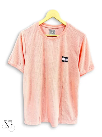 Pink Plain Popcorn Half Tshirt for Men Textured