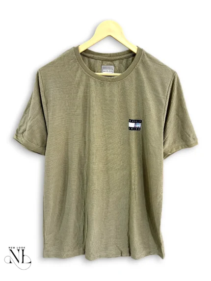 Olive Green Plain Popcorn Half Tshirt for Men Textured