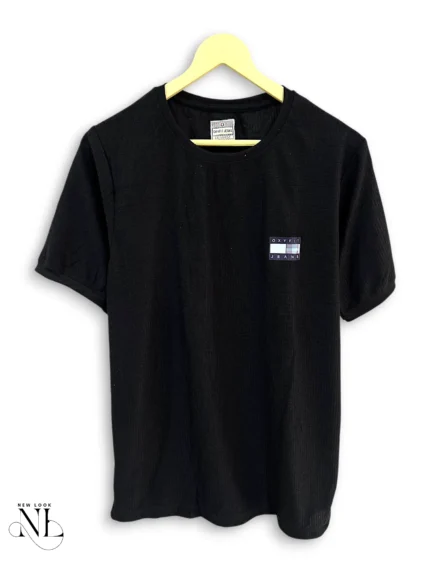 Black Plain Popcorn Half Tshirt for Men Textured