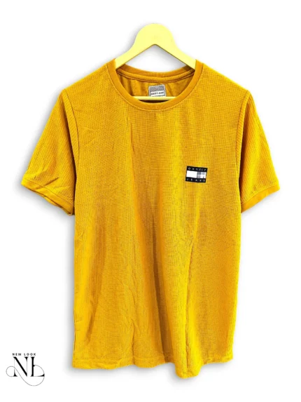 Yellow Plain Popcorn Half Tshirt for Men Summer