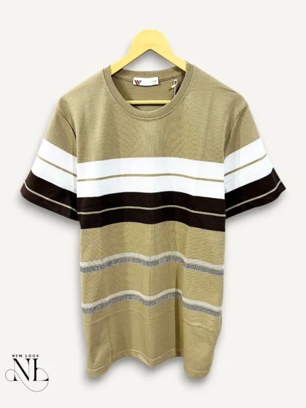 Stripe Cream Half Tshirt For Men Premium Casual