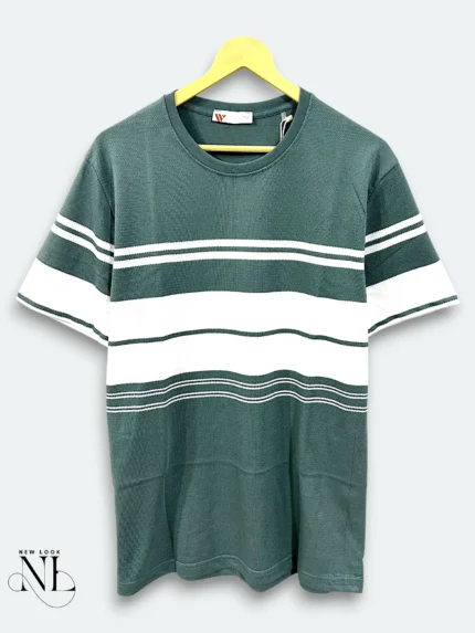 Green Stripe Half Tshirt For Men Fresh Casual Wear