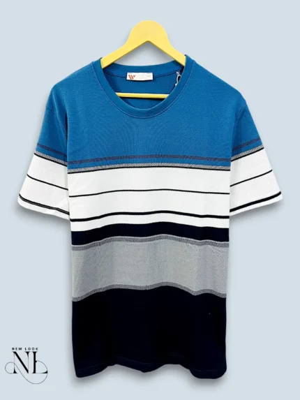 Blue Stripe Half Tshirt For Men Classic Casual Wear
