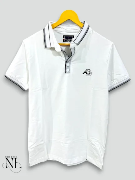 White Plain Polo Tencel Lycra Half Tshirt For Men