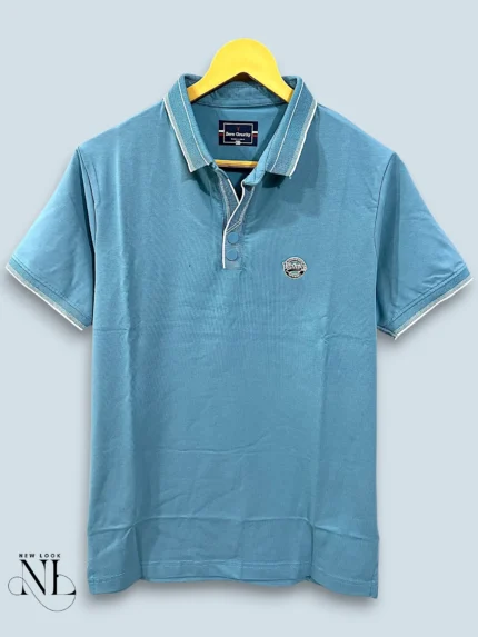 Blue Plain Polo Tencel Lycra Half Tshirt For Men