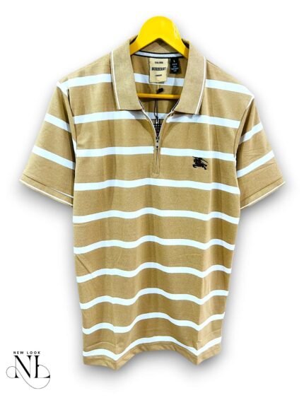 Trendy Cream Stripe Polo Half T-Shirt for Men Sophisticated