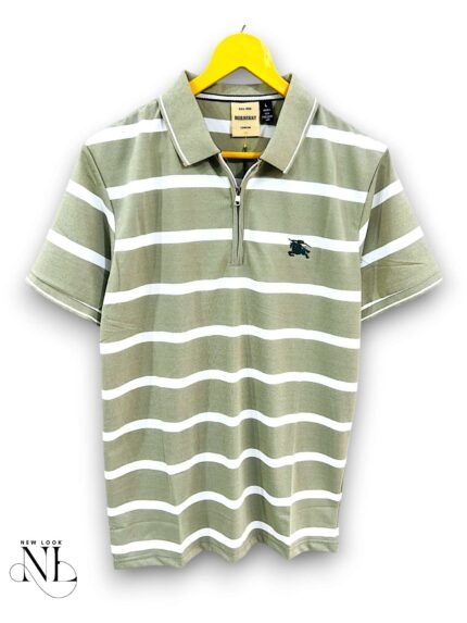 Trendy Pista Green Stripe Polo Half T-Shirt for Men