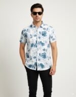Classic Blue Printed Half Shirt For Men Party Wear