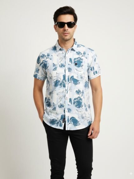 Classic Blue Printed Half Shirt For Men Party Wear