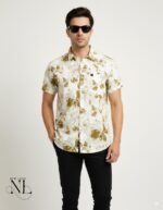 Classic Lite Yellow Printed Half Shirt For Men Festive Wear