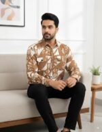Trendy Cream Printed Full Shirt For Men Formal Wear