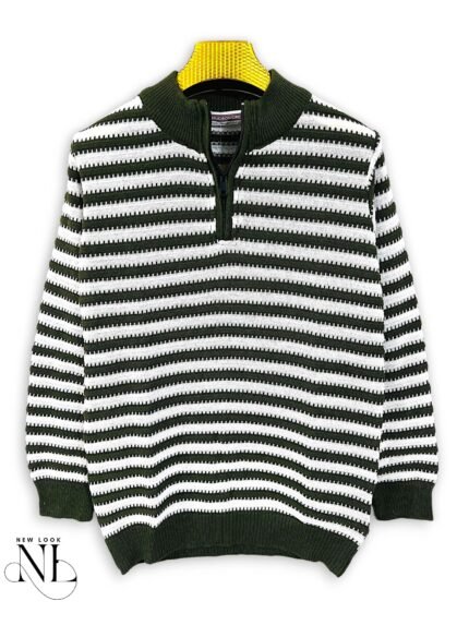 Dark Green Stripe Zip Full T-Shirt for Men Earthy Elegance
