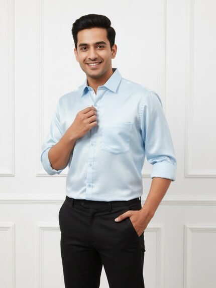 Trendy Sky Blue Satin Full Formal Shirt & Luxury Office Shirt