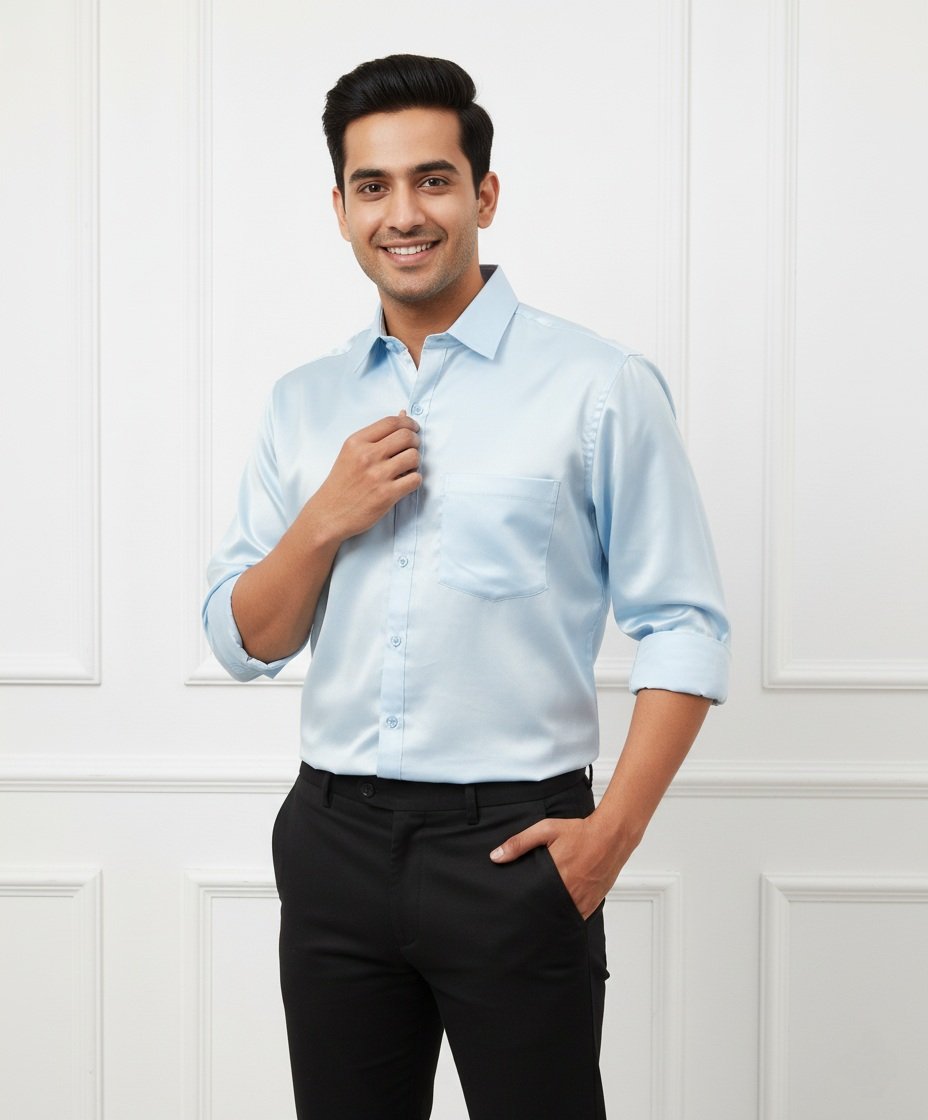 Trendy Sky Blue Satin Full Formal Shirt & Luxury Office Shirt Trendy Sky Blue Satin Full Formal Shirt & Luxury Office Shirt