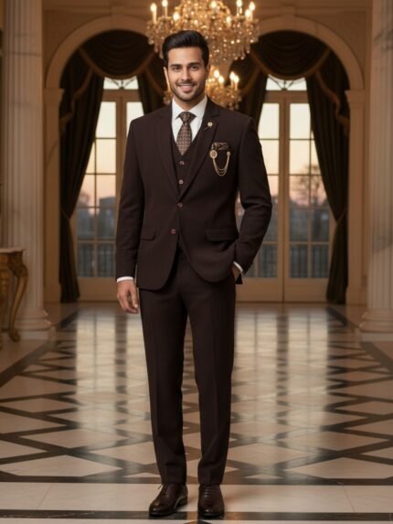Stylish Dark Brown Plain 5 Piece Blazer Set for Men Wedding