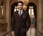 Stylish Dark Brown Plain 5 Piece Blazer Set for Men Wedding